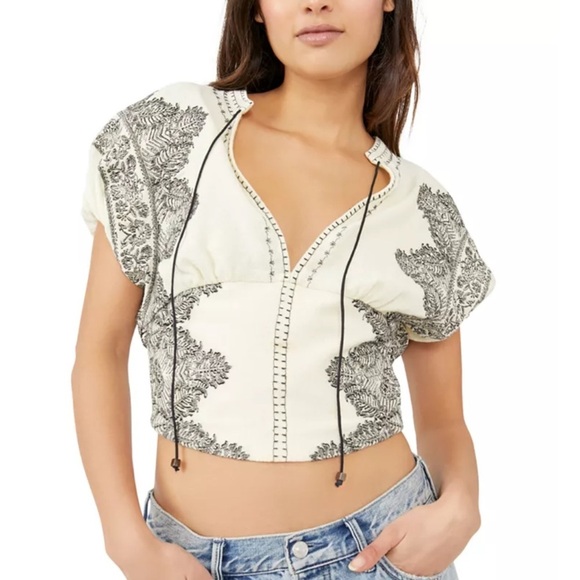 Free People Tops - Free People Temecula Cream Top with Black Floral Embroidery